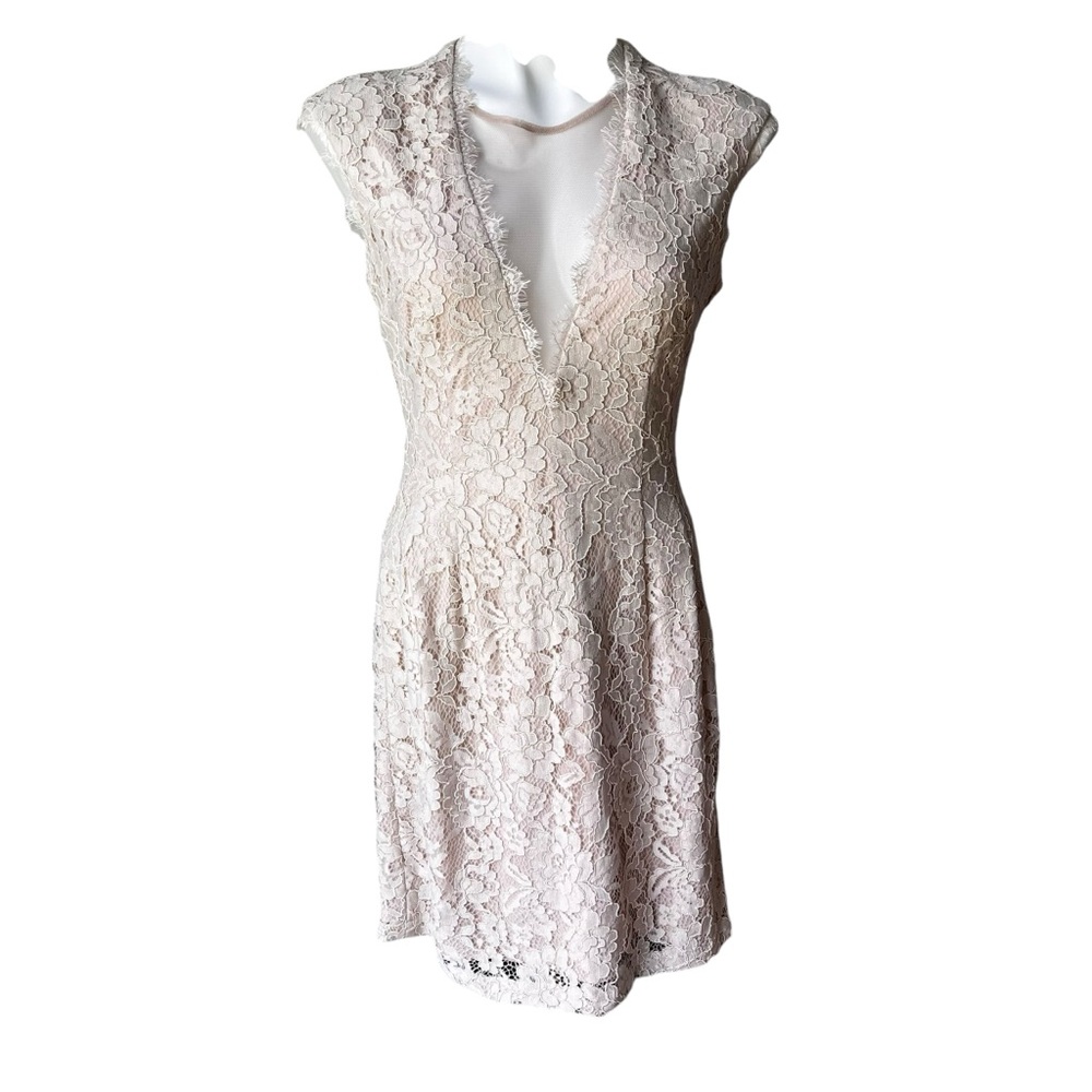 Aidan By Aidan Mattox Beige Open Back Lace Sheath Dress, Sz 8 - Picture 3 of 15